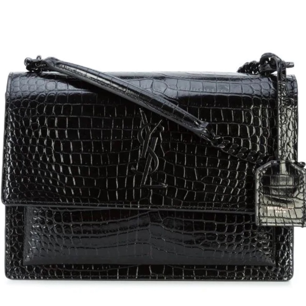 YSL Sunset Medium Croc Embossed Bag